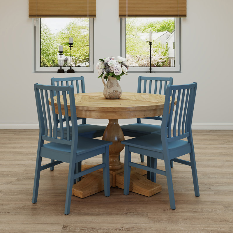 5-Piece Dining Set Mid-Century Modern Wooden Table & Upholstered Chair Set For Home, Kitchen, Dining Room, Natural, Blue