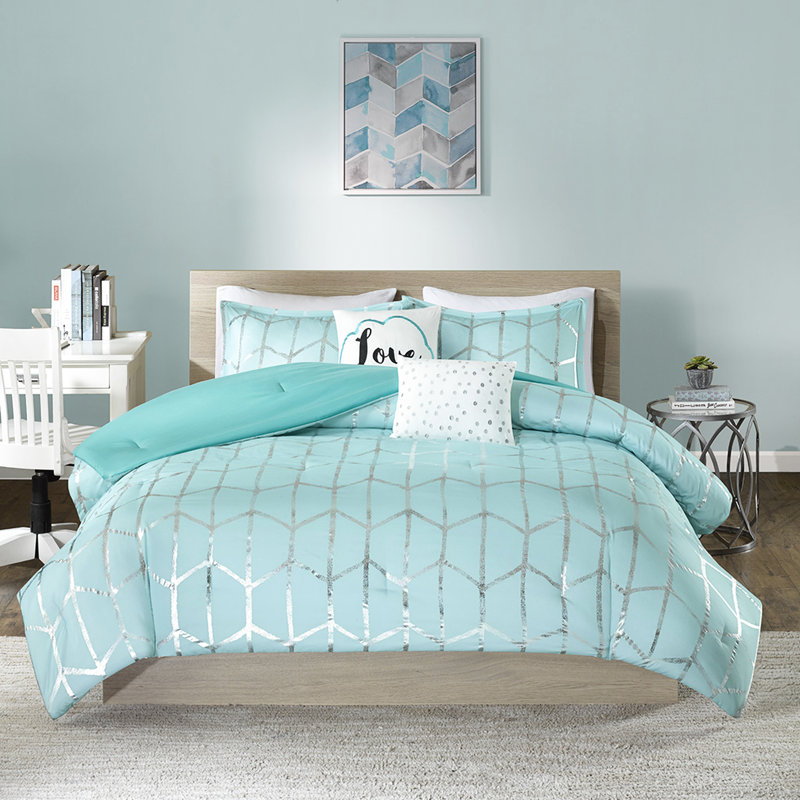 Édredon très grand et très élégant à imprimé géométrique métallique avec microfibre douce moderne, Aqua / argenté