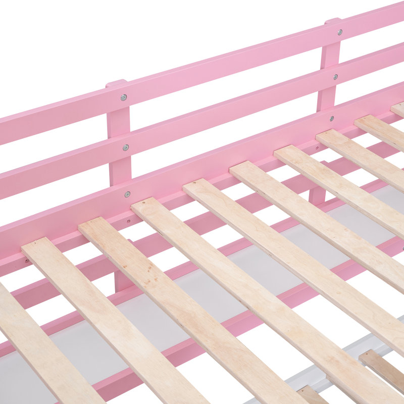 Lit superposé rose avec design, 2 tiroirs, 3 tablettes et glissade - idéal pour la chaleur de la chambre à coucher, Pin, Rose