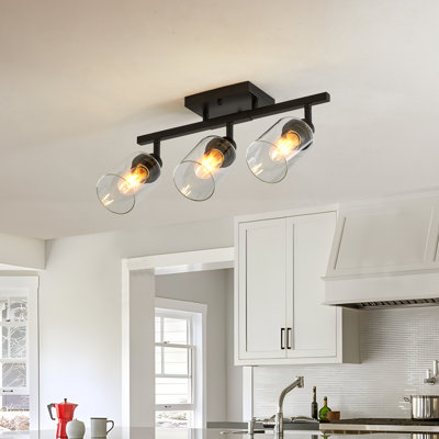 3-Light Black Semi Flush Mount Ceiling Light, Adjustable Rotatable Track Lighting With Clear Glass Shades For Kitchen Island & Bathroom Vanity