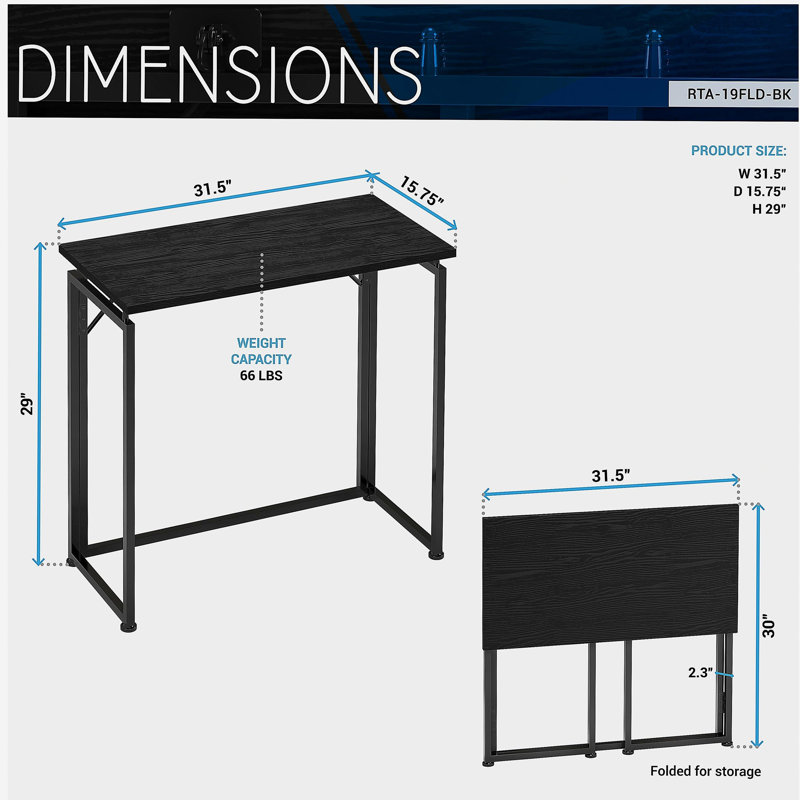Bureau pliable de 31,5 po de large Techni Mobile pour petits espaces, aucun assemblage requis, noir
