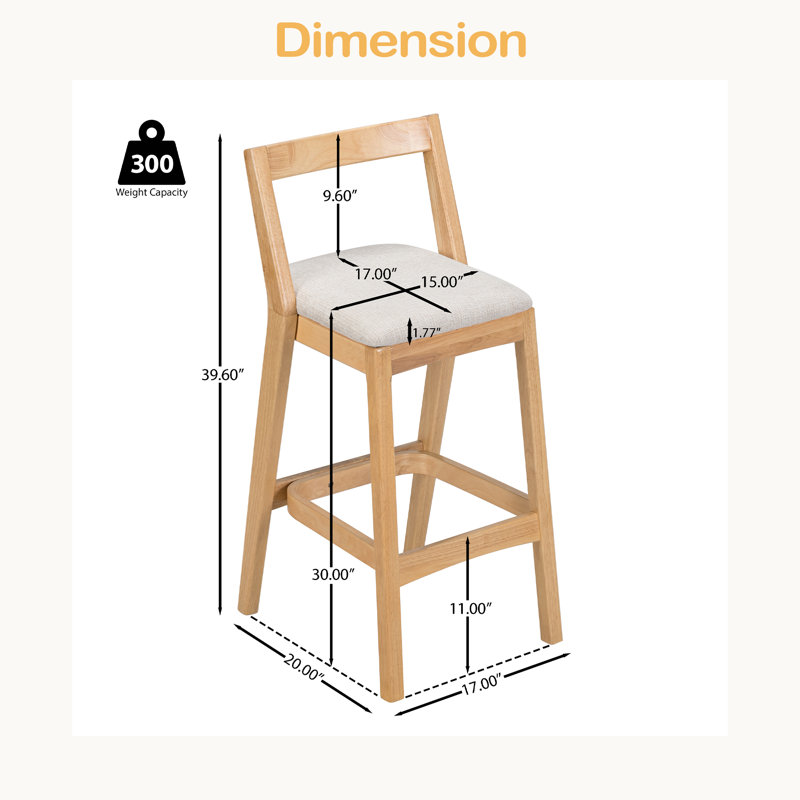Tabouret de bar d'intérieur en bois d'hévéa, ensemble de 2, Naturel