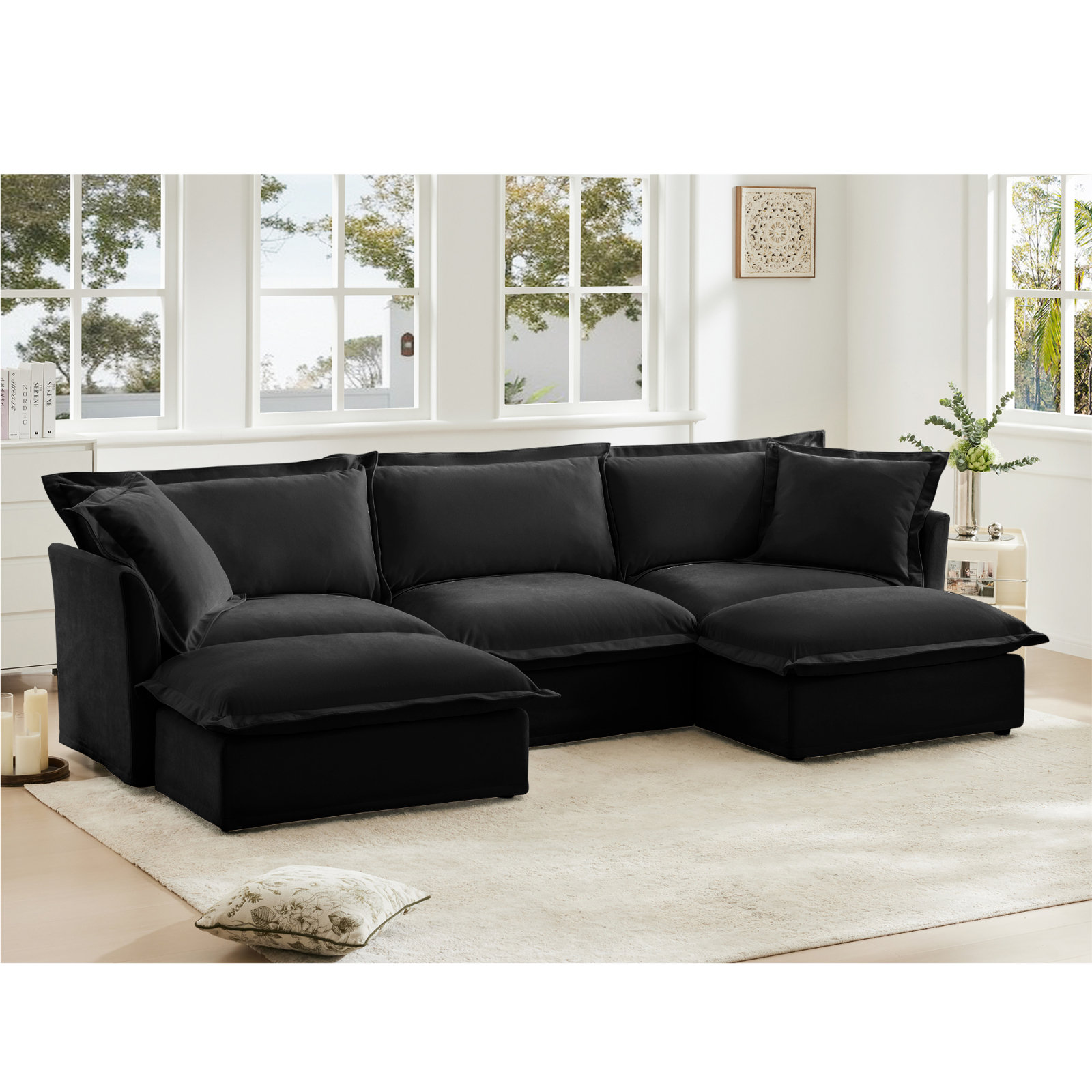 Wrought Studio™ Slipcovered U Shape Sectional Deep Seat Sofa Couch, 3 ...