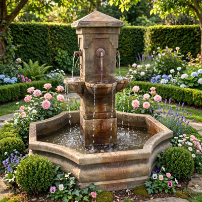 Avignon Fountain with Vintage Spouts - Cast Stone Outdoor Garden Fountain