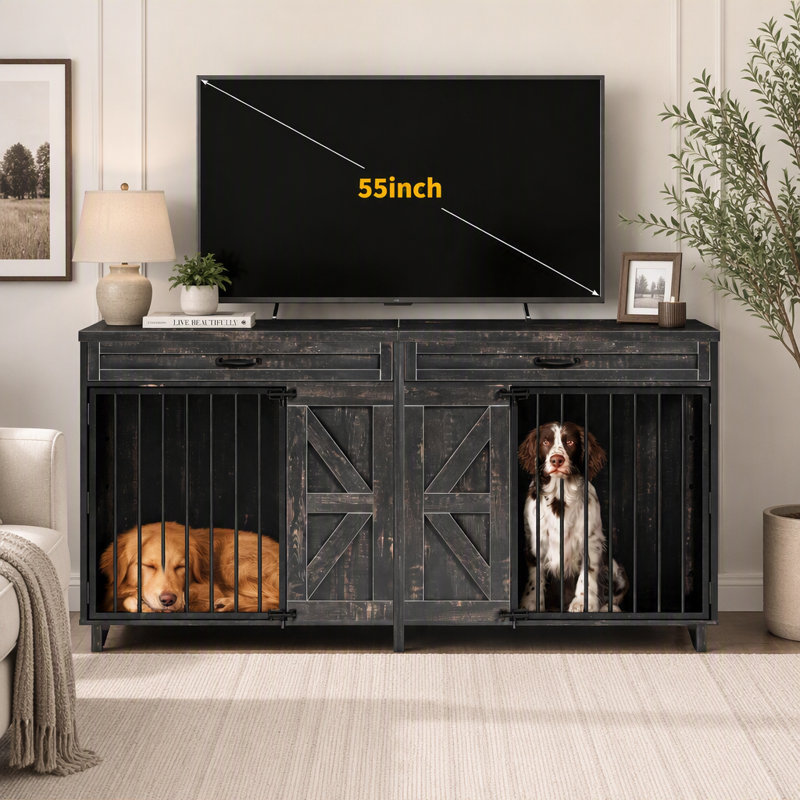 Meuble télé en forme de cage pour chien avec tiroirs de rangement et portes coulissantes de style grange