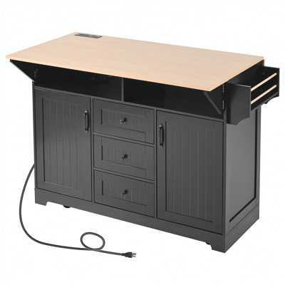 55.7'' Large Kitchen Island with 2 Drop Leaf,, Rolling Kitchen Cart on 5 Wheels with Power Outlet, Folding Storage Dining Table with Spice & Towel Rack , 3 Drawers, for Kitchen, Dining Room,Black