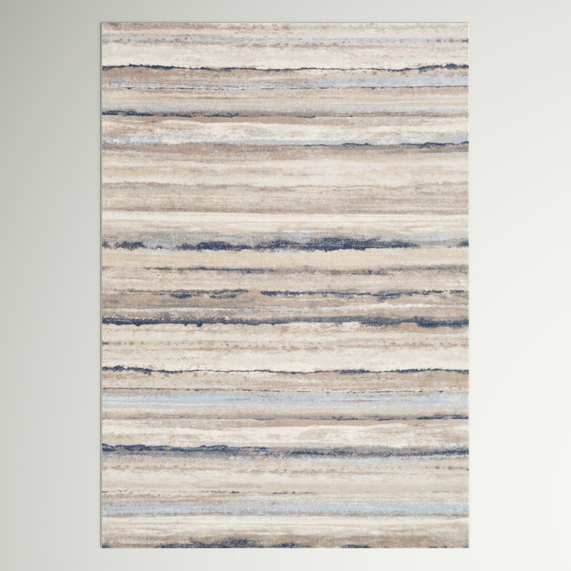 Tapis rayé bleu clair / blanc cassé / gris Banuelos, Rectangle 9 pi 10 po x 14 pi