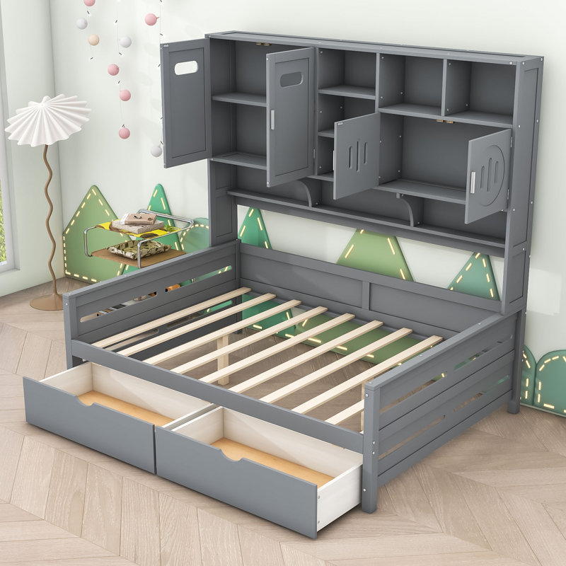 Wooden Daybed with Shelves and 2 Drawers, Full/Double, Gray