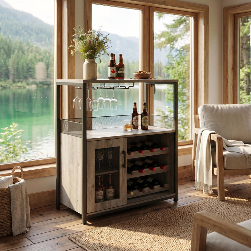 Armoire à vin industrielle avec support pour 12 bouteilles et porte-verres, armoire à alcool pour la cuisine et la salle à manger, buffet à porte en filet, gris