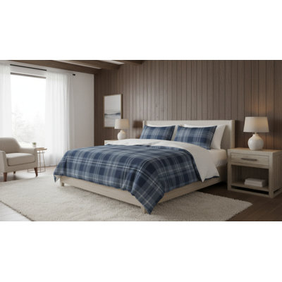 Whistler Plaid Sherpa Comforter Set Queen/Double, Reversible Blue Checkered Faux Mink to Plush Sherpa, 3-Piece Ultra Soft Hypoallergenic Bedding