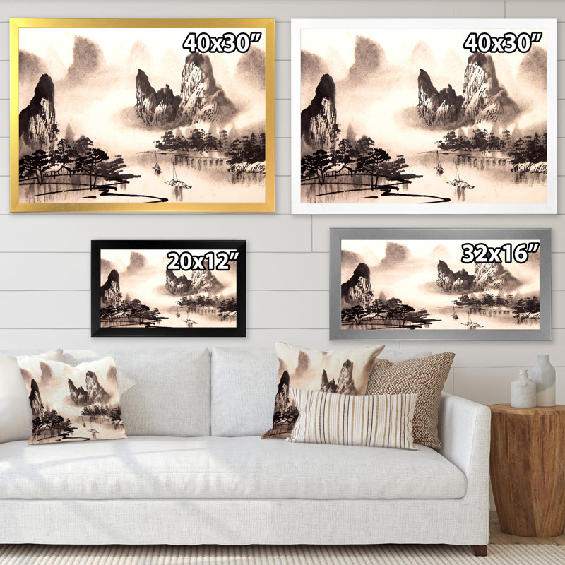 Paysage d'eau monochrome chinois - reproduction de cadre photo sur toile, H 20 po x l 12 po, Noir