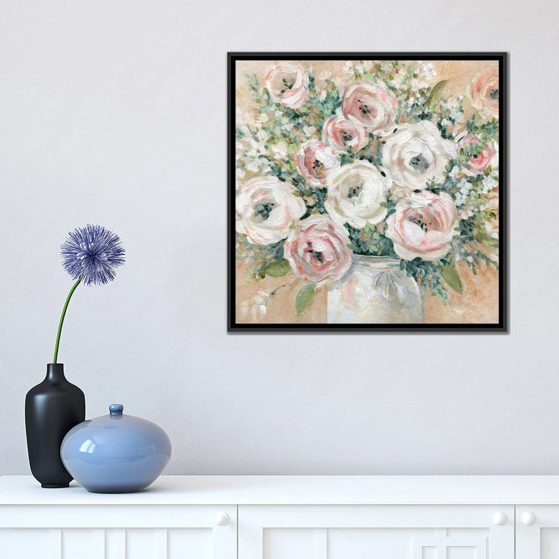 Reproduction d’art joli rose par Carol Robinson, H 18 po x l 18 po x 1,5 po, Toile avec cadre noir, Pas de tapis
