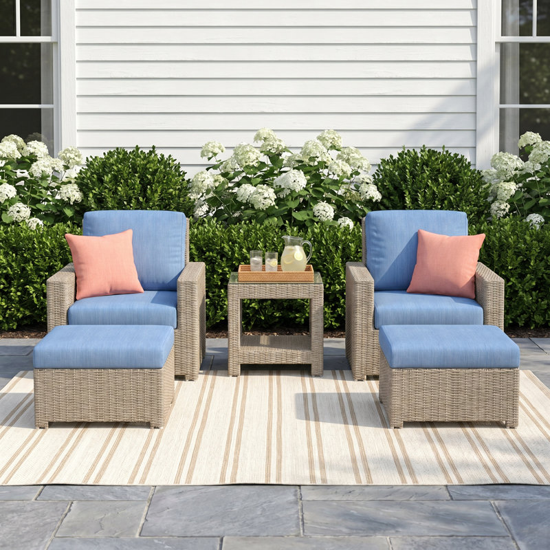 Henri Outdoor Patio Lounge Chair With Ottomans And Sunbrella Cushions, Cast Ocean