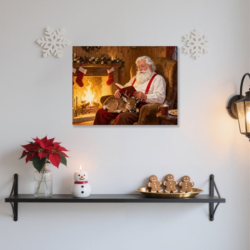 Père Noël lisant sur toile, cerf, H 24 po x l 36 po