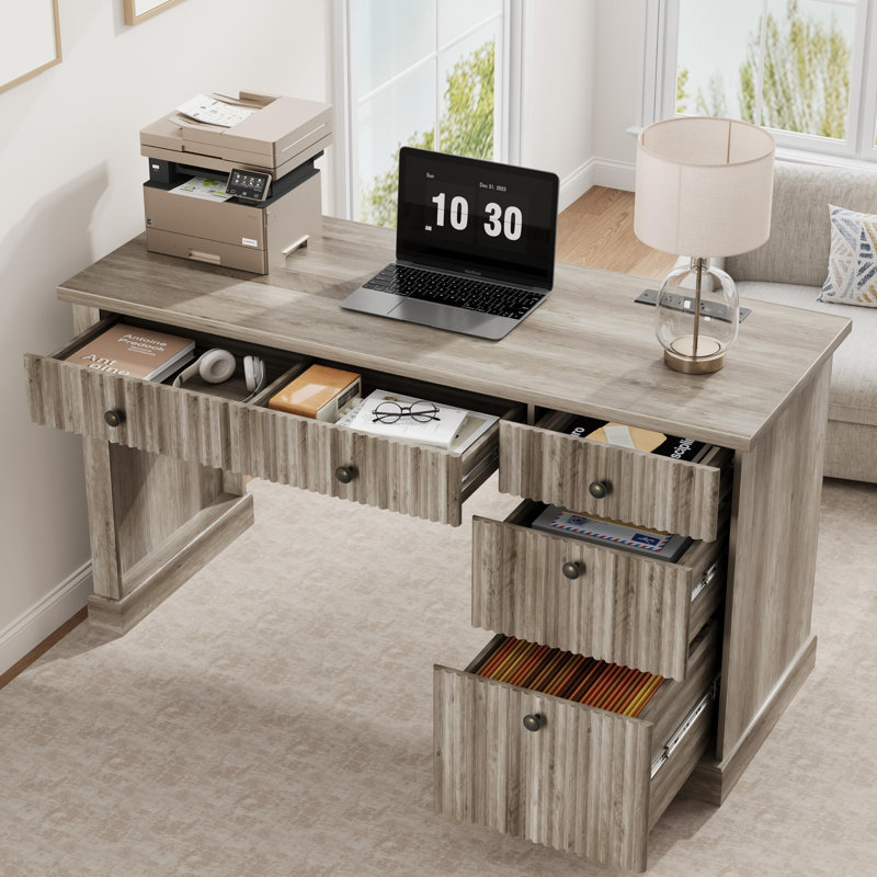 Bureau d'ordinateur à panneau cannelé gris avec tiroirs de rangement Station de charge USB contemporaine pour bureau à domicile