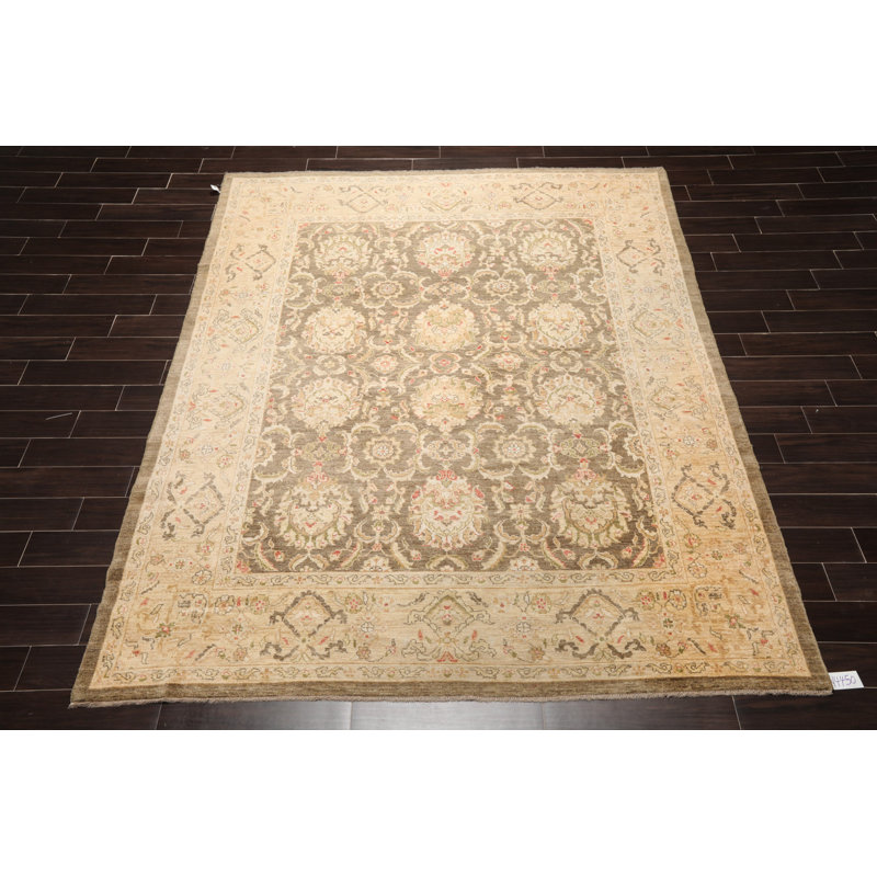 Tapis vert olive en laine noué à la main de conception unique 7 pi 11 po x 9 pi 10 po Elwin