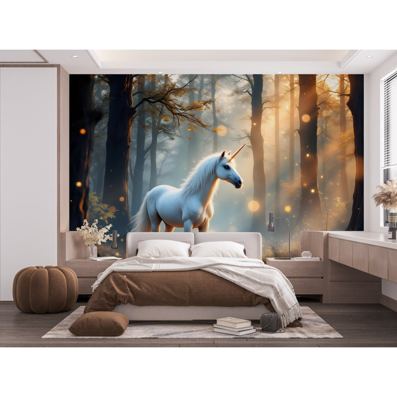 Licorne murale graphique peler et coller fille chambre papier peint auto-adhésif amovible de chambre de bébé (non tissé)