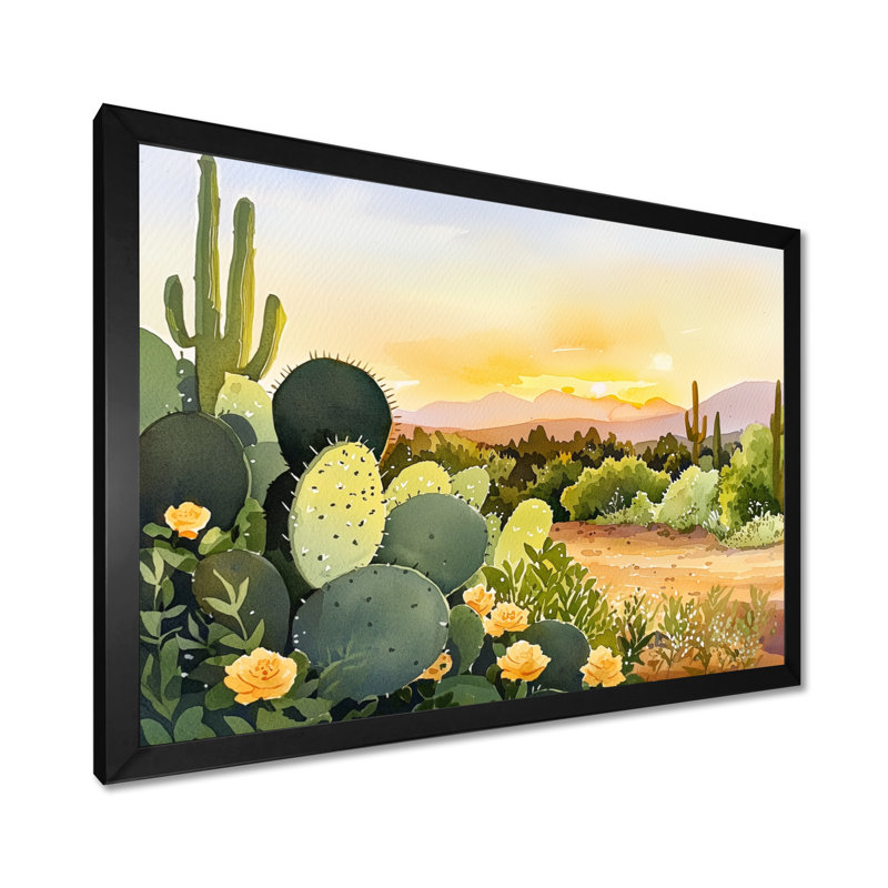 Cactus Landscape At Sunset III - Floral Cactus Print, art mural, Reproduction encadrée d'une seule photo sans pass, Noir