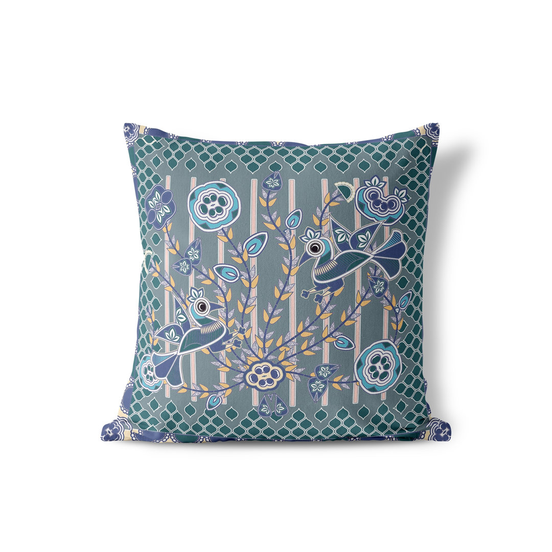 Aquatic Peacock Floral Square Cushion mit Füllung