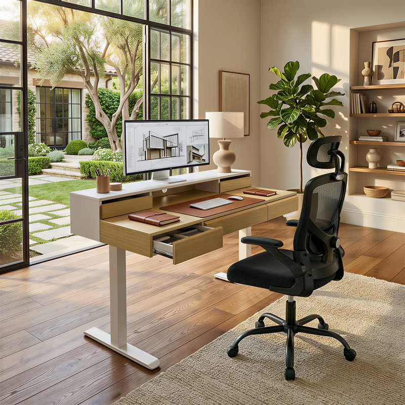 Electric Height-adjustable Desk & Chair Set, 5-drawer Height-adjustable Desk & Ergonomic Office Chair, Black/White/Beige