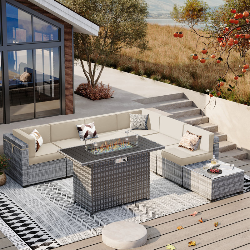 Cawanna 7 Piece Outdoor Rattan Seating Group with Cushions, Oui, Crème