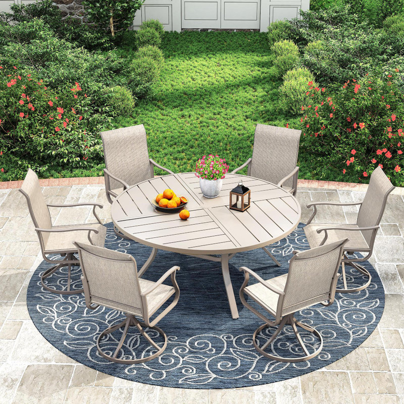 Outdoor Patio Dining Set - 53” Round Table with Umbrella Hole + 6 Swivel Chairs, Cream/Sandshell
