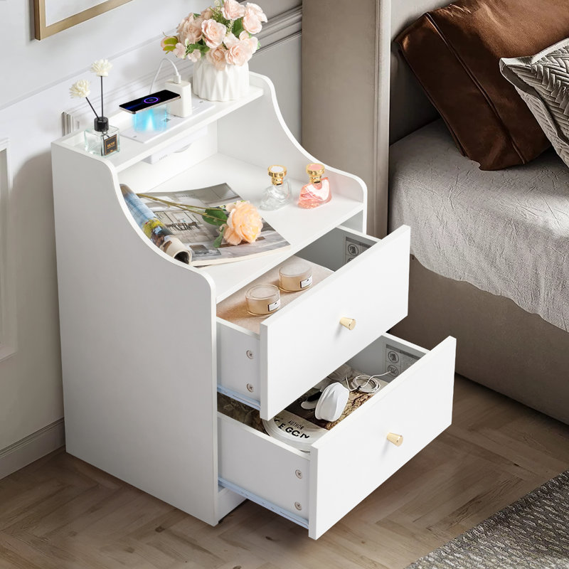 Table de chevet 2 tiroirs avec port USB, Blanc