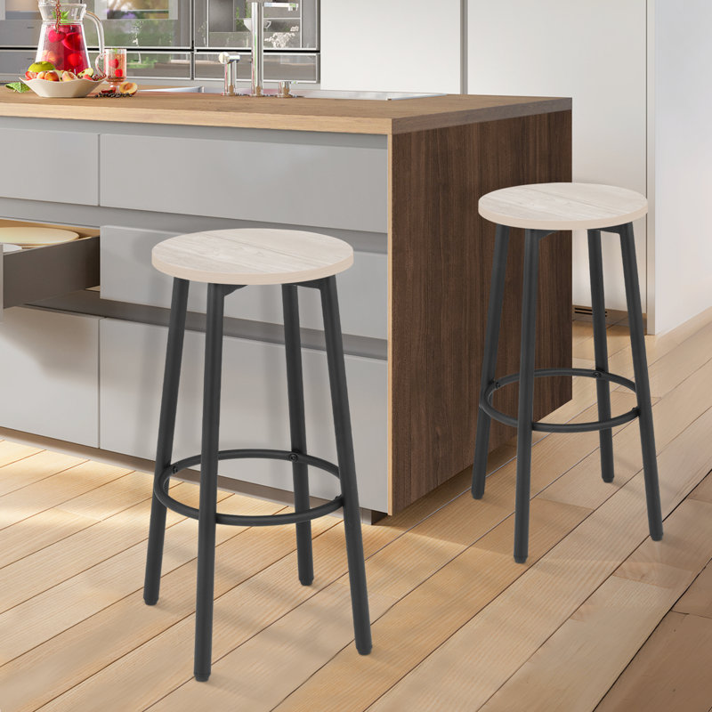 Round Kitchen Backless Bar Stool With Footrest, Greige