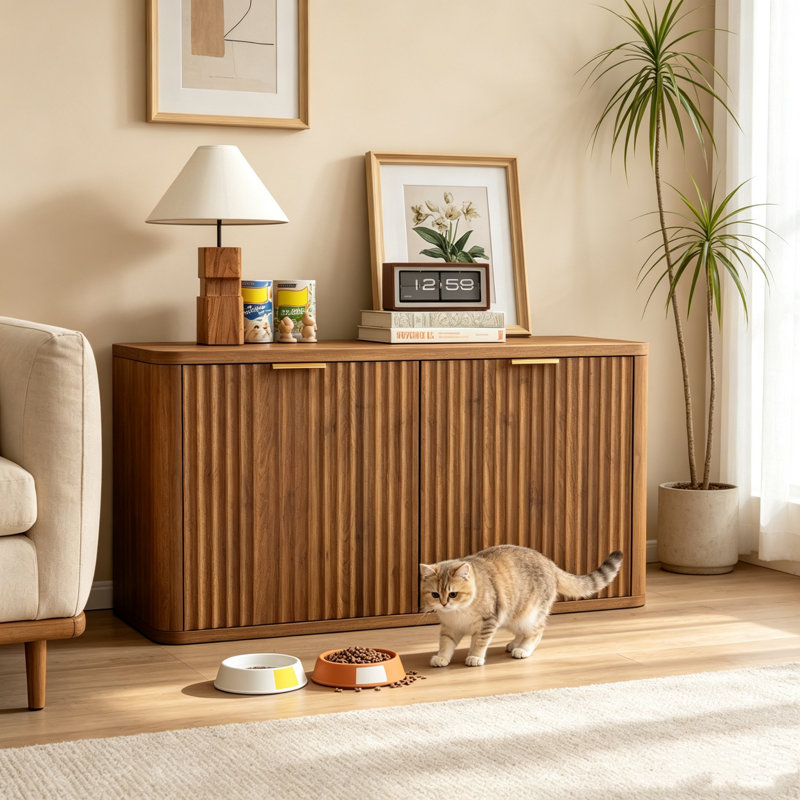 Meuble dissimulant un grand bac à litière pour chat en noyer, au design moderne cannelé du milieu du siècle, avec meuble d'appoint pour le salon, la chambre ou l'entrée, cachette décorative et facile à nettoyer pour votre chat.