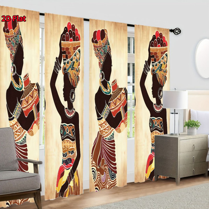 4Pcs African Tribal Women Print Curtains, Ethnic Style Door, Living Room, Bedroom Home Decoration Window Drapes, Retro Boho Rod Pocket Decor