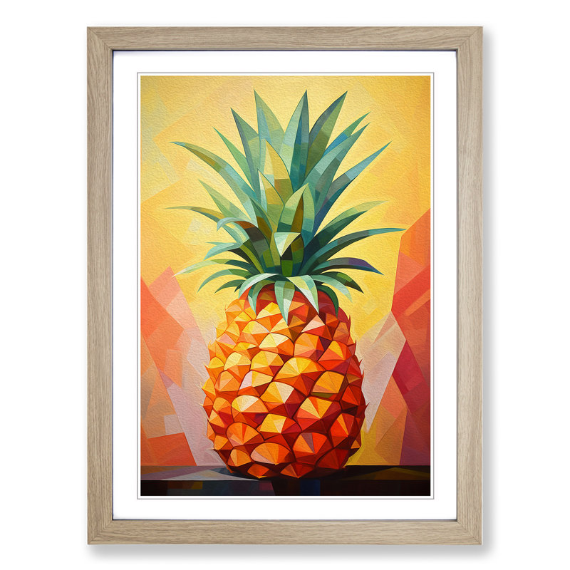 Pineapple Cubism - Single Picture Frame Print on Wood, Oak Framed, 46cm H x 34cm W x 2cm D