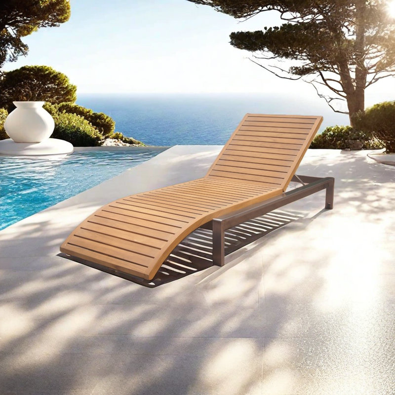 Chaise longue d'extérieur en acier inoxydable et teck