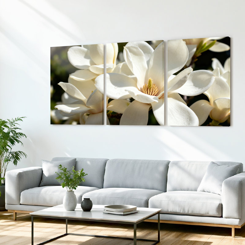 Ensemble de 3 tableaux sur toile tendue représentant des fleurs de magnolia blanc, pour la décoration du salon et de la chambre à coucher.