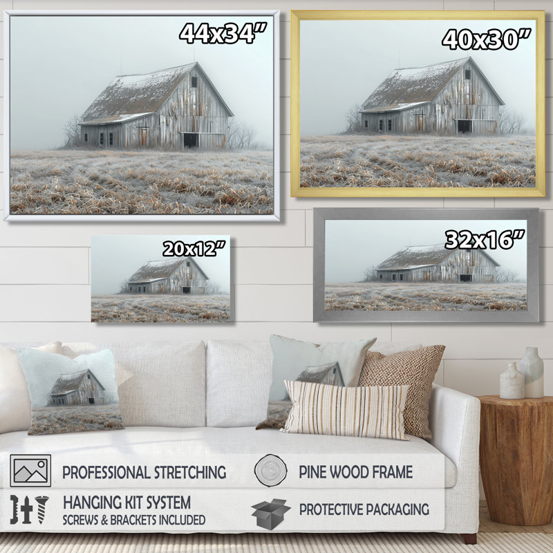 Gris, grange d'hiver moderne Marvel - salon d'art mural de grange, H 34 po x l 44 po x P 1,5 po, Toile encadrée noire simple
