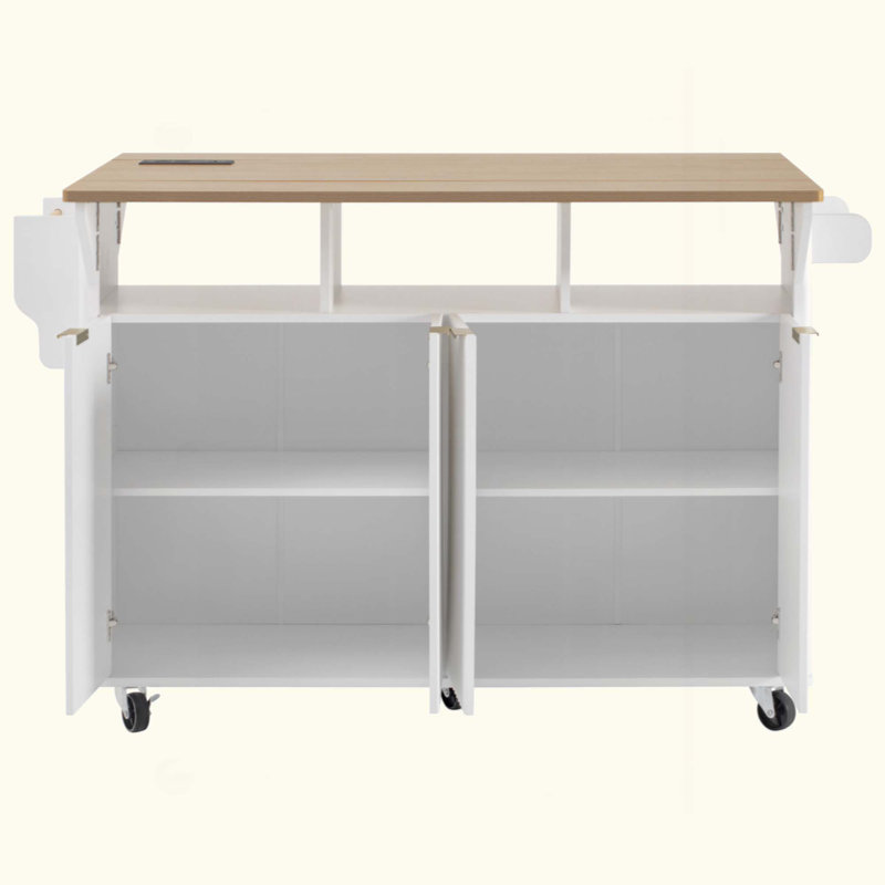 Îlot de cuisine cannelé verrouillable 55,5 po, Blanc / bois manufacturé