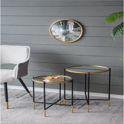 Set Of 2 Gold And Black Iron Side Tables With Glass Top, L:D18x23.5" S:D16x20"