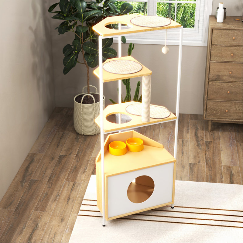 Tour d'angle pour chat, arbre à chat avec poteau à griffer, maisonnette pour chat avec poste d'alimentation et plateformes d'escalade, meubles pour animaux domestiques pour chats