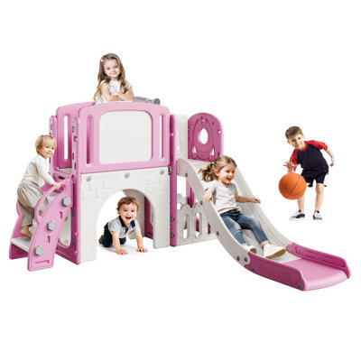 Ensemble de terrain de jeu 8 en 1 pour tout-petits - glissade, grimpeur, panier de basketball, tunnel, fauteuil à bascule, télescope et rangement - Tunnel de jeu intérieur / extérieur pour les garçons et les filles - Conception sécuritaire et robuste