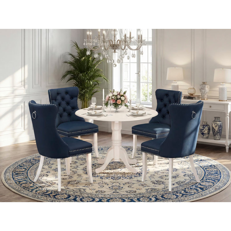 5 Piece Modern Dining Table Set Includes a Round Kitchen Table with Dropleaf and 4 Polyester Fabric Upholstered Chairs, 42x42 Inch, Black