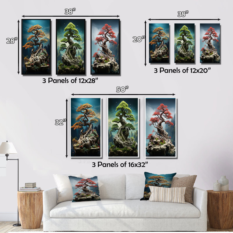 «Asian Art Bonsais Wisdom», 3 pièces sur toile, Encadré naturel, H 28 po x l 36 po