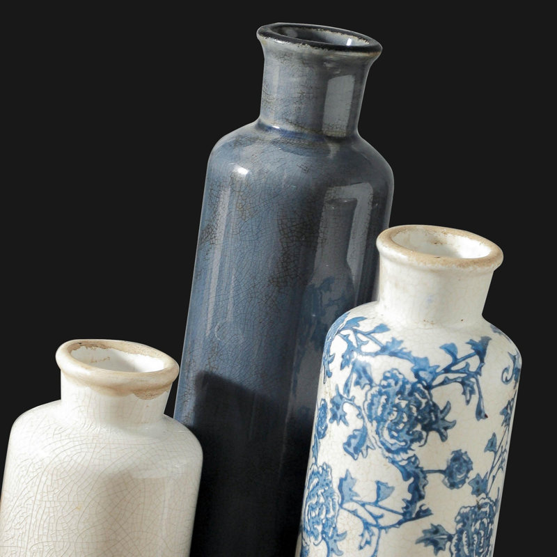 Ensemble de 3 vases en céramique Vintage, Bleu/Blanc