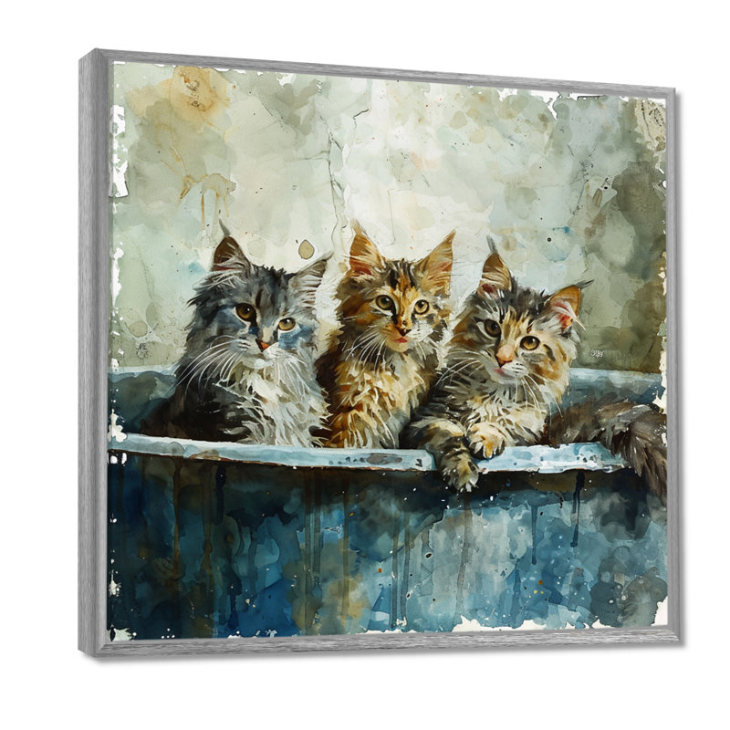 Trois chats mignons dans une baignoire - décoration murale pour salle de bain chat, Toile avec cadre argenté