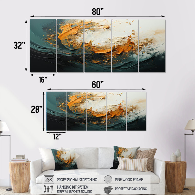 «Orange and Gold Marble Lava IV», peinture abstraite, art mural 5 pièces, H 28 po x l 60 po