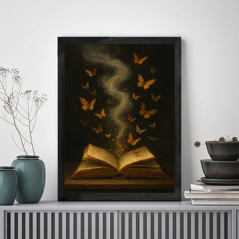 Reproduction d'art encadré noir avec papillon doré et livre mystique, H 17 po x l 13 po