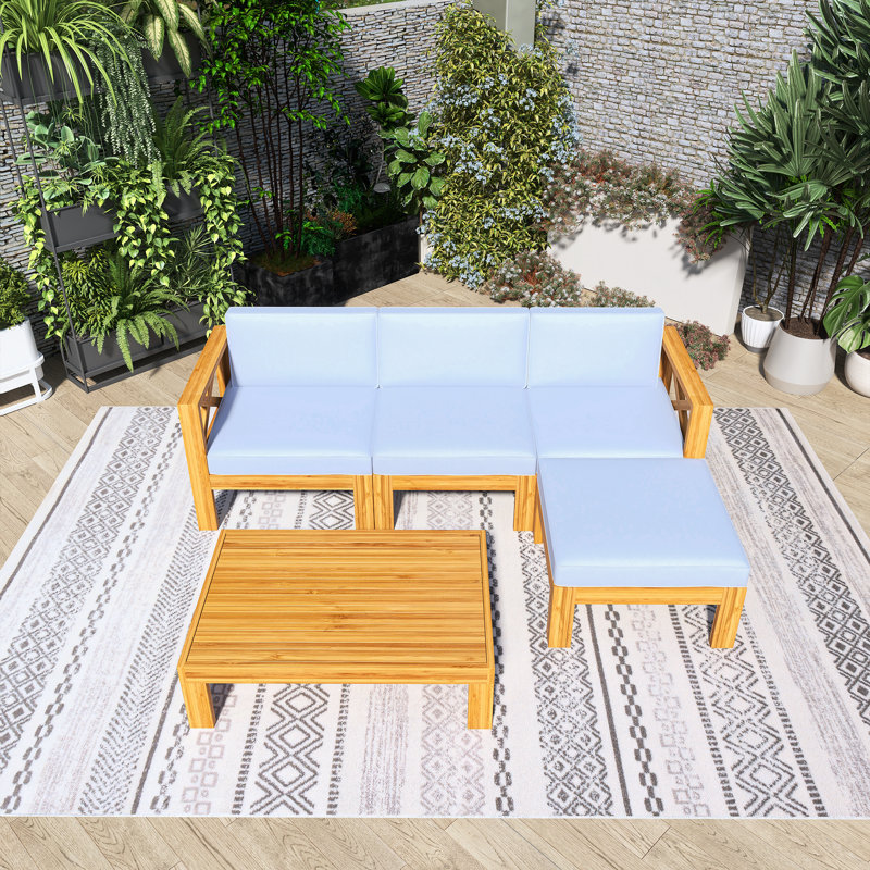 Ensemble de conversation de patio en bois 5 pièces avec coussin gris
