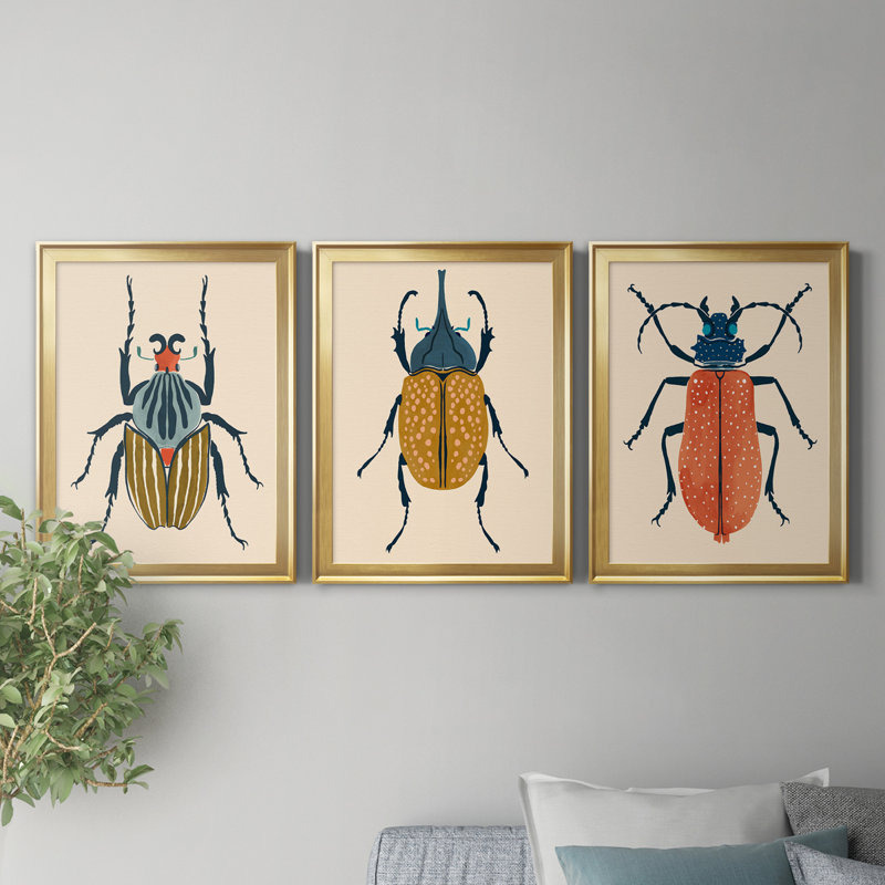 «Beetle Bug I», ensemble de 3 impressions sur toile encadrées, H 26,5 po x l 109,5 po x P 1,5 po, Doré