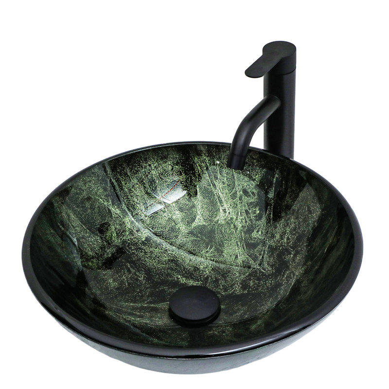 Glass Bathroom Vessel Sink With Natural Marble Texture, Black Faucet, And Pop - Up Drain For A Contemporary Home Decor Tempered Drain, Solution