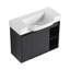 Meuble-lavabo mural blanc en céramique 28 po avec aspect chêne foncé, mécanisme de fermeture en douceur, 45 poignées cachées, armoire à une porte, deux tablettes ouvertes, finition à l'eau, fonction, design,