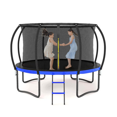 Trampoline d'extérieur 12 pi avec filet de sécurité, trampoline pour enfants avec échelle et rembourrage en PVC, noir et bleu