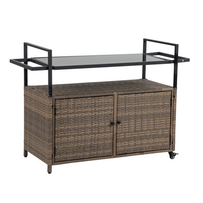 Outdoor Wicker Bar Cart, Patio Wine Serving Cart W/Wheels , Rolling Rattan Beverage Bar Counter Table W/Glass Top For Porch Backyard Garden Poolside Party, Light Brown
